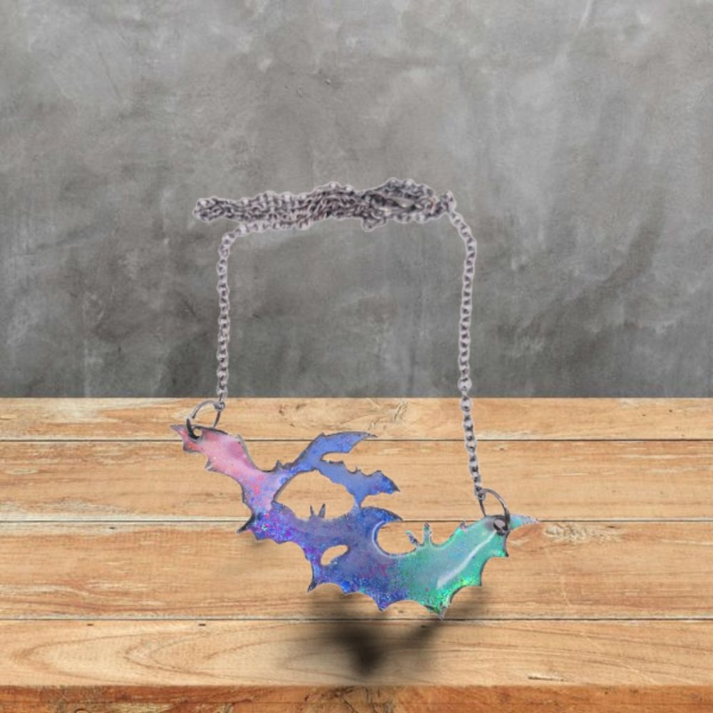 Gothic Oil silk bat necklace with chain